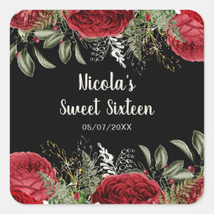 Adesivo Quadrado Flores Vermelhas de Natal Elegantes Sweet Sixteen