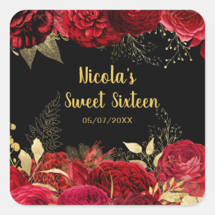 Adesivo Quadrado Flores Vermelhas e Douradas Elegantes Sweet Sixtee