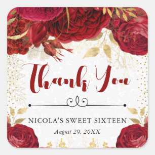Adesivo Quadrado Flores Vermelhas e Douradas em Aquarela Sweet 16