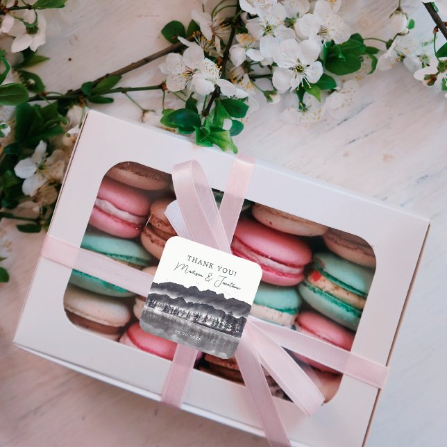 Adesivo Quadrado Floresta Árvore, Montanha Negra e Branca Obrigado (Criador carregado)