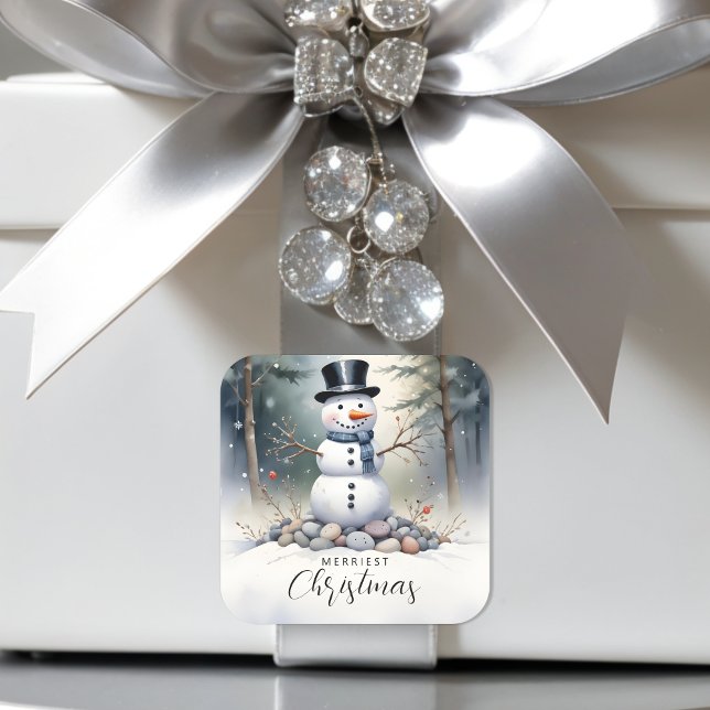 Adesivo Quadrado Floresta de Fosco de Bonito Bonito Snowman (Cute Gorgeous Snowman Frosted Landscape Forest Christmas Square Stickers. )