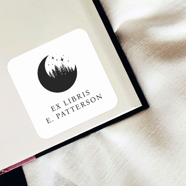 Adesivo Quadrado Floresta de Lua Personalizada e Estrelas Ex Libris (Criador carregado)
