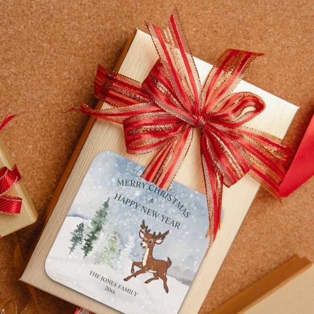 Adesivo Quadrado Floresta de neve com um bebê veado Natal (Criador carregado)