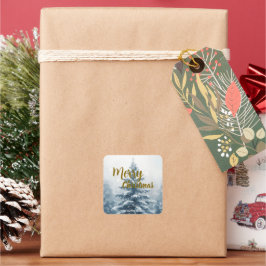 Adesivo Quadrado Floresta de pinheiros de Natal elegante de inverno