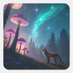 Adesivo Quadrado Floresta de Raposa de Cogumelo Brilhante Arte de F