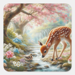 Adesivo Quadrado Florestas de primavera com pato e fada/veado