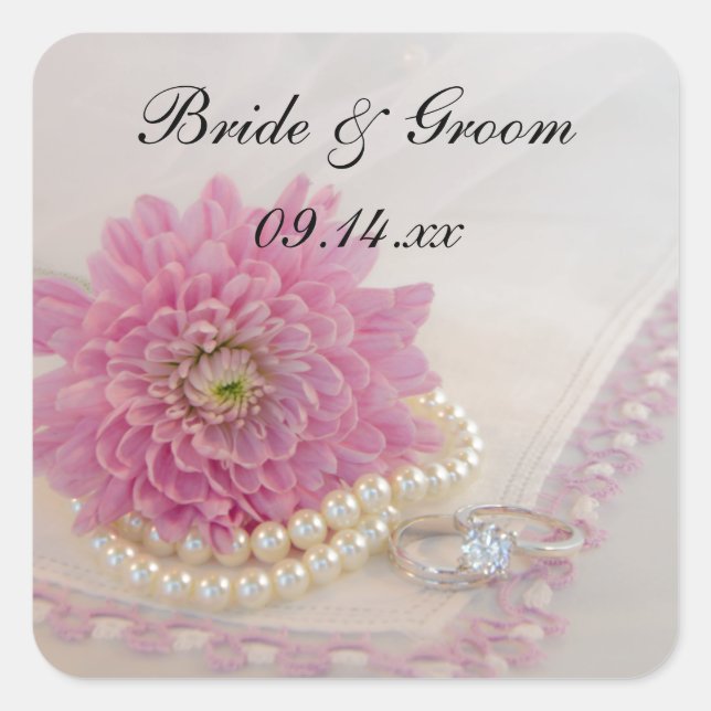 Adesivo Quadrado Flower rosa, rendas e anéis Envelopes de Casamento (Frente)