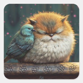 Adesivo Quadrado Fluffy cat com ilustração de amigo de pássaros
