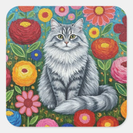 Adesivo Quadrado Fluffy Gray Striped Cat with Folk Art Flowers