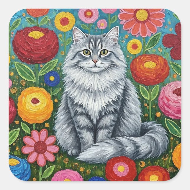 Adesivo Quadrado Fluffy Gray Striped Cat with Folk Art Flowers (Frente)