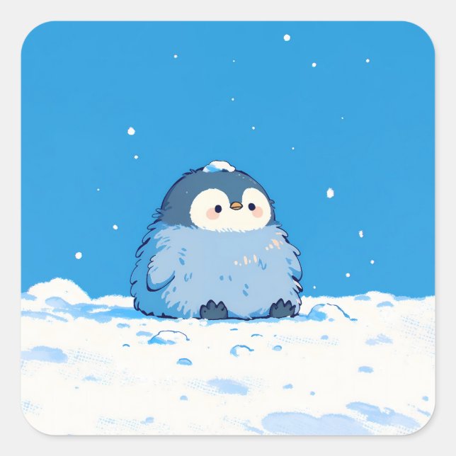 Adesivo Quadrado Fluffy Penguin Sitting in Winter Snow (Frente)