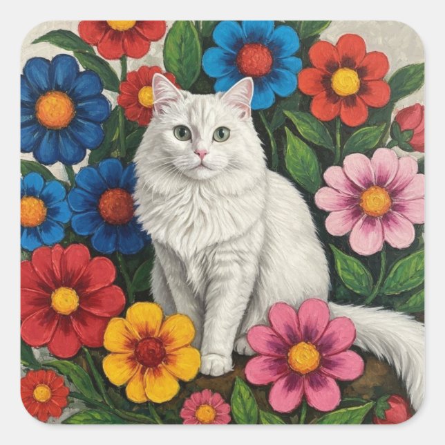 Adesivo Quadrado Fluffy White Cat and Folk Art Flowers (Frente)