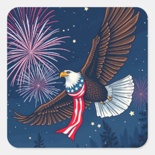 Adesivo Quadrado Flying Bald Eagle with USA Flag Scarf & Fireworks