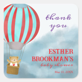 Adesivo Quadrado Flying Cute Cub in a Hot Air Balloon Baby Shower