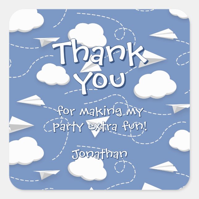 Adesivo Quadrado flying folded paper airplanes birthday thank you (Frente)