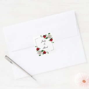 Adesivo Quadrado Foca de Casamento de Natal de Rosas Vermelhas e Br