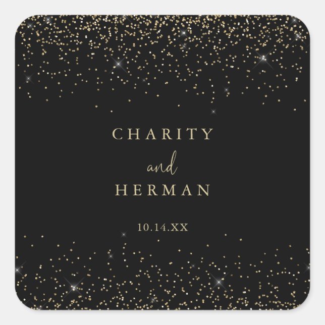 Adesivo Quadrado Focos de Envelope de Casamento Dourado com Script  (Frente)