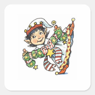 Adesivo Quadrado Fofa Elfe Feliz Dançando, Desenho Animado de Natal