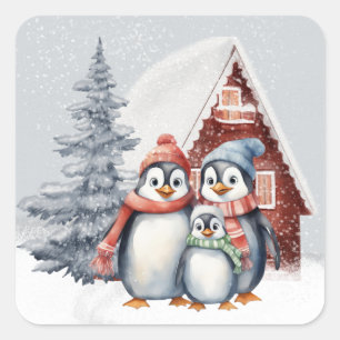 Adesivo Quadrado Fofa Família de Pinguins no Natal Férias
