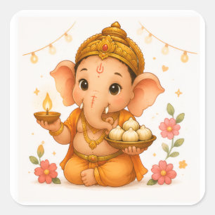 Adesivo Quadrado Fofo Diya Modak Ganesha Chaturthi