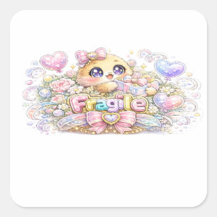 Adesivo Quadrado Fofo Kawaii Frágil Manuseie Com Cuidado Gato Paste