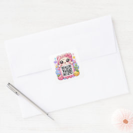 Adesivo Quadrado Fofo Kawaii Rosa Código QR Personagem Floral Paste