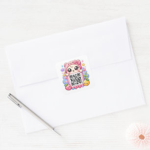 Adesivo Quadrado Fofo Kawaii Rosa Código QR Personagem Floral Paste