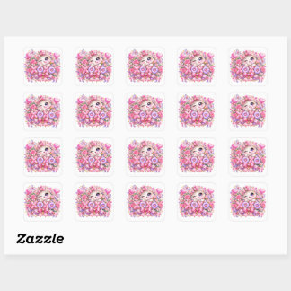 Adesivo Quadrado Fofo Kawaii XOXO Gato Rosa Pastel Romântico Amor S