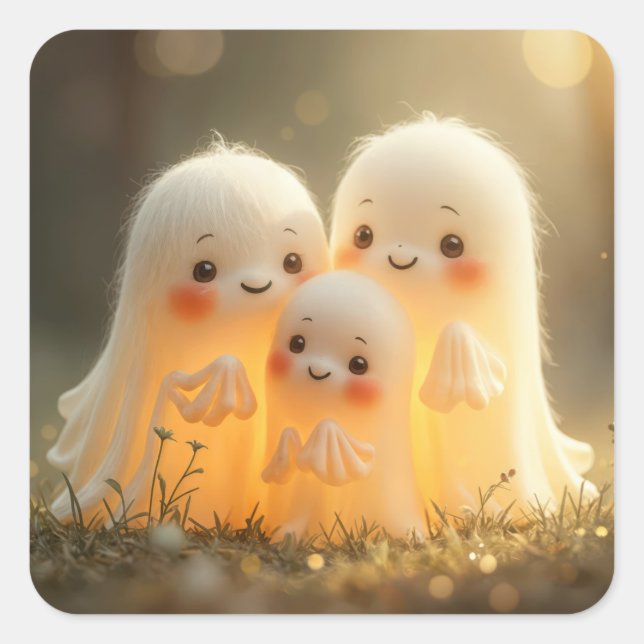 Adesivo Quadrado Fofuras de Fantasmas de Halloween (Frente)