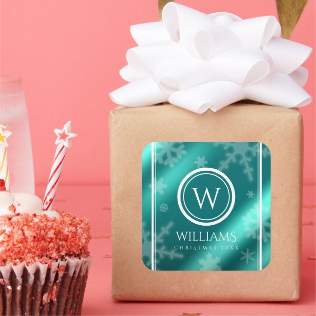 Adesivo Quadrado Folha azul esfria Escamas de neve Monograma Nome (Festa)