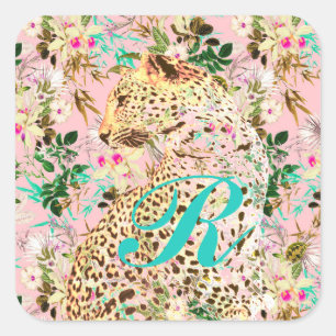 Adesivo Quadrado Folha de impressão do leopardo tropical do Havaí