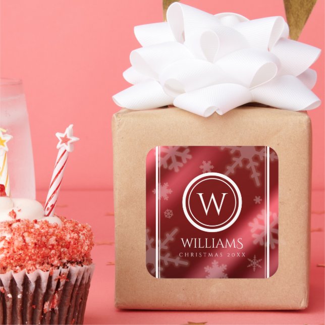 Adesivo Quadrado Folha Vermelha Festiva Snowflakes Monograma (Festa)