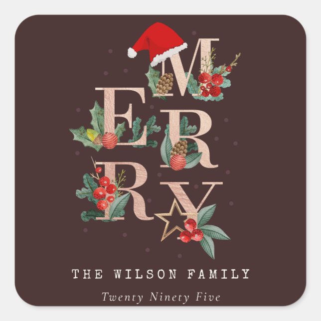 Adesivo Quadrado Folhagem de Natal Castanha Rosa Dourada Vermelha V (Frente)