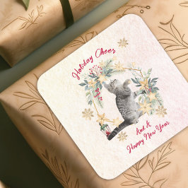 Adesivo Quadrado Folhagem Dourada Flocos de Neve Diversos Gato Ano 