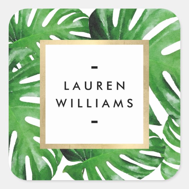 Adesivo Quadrado Folhas de Monstera Tropicais em Aquarela (Frente)