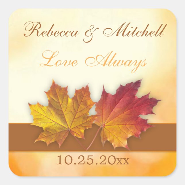 Adesivo Quadrado Folhas de outono de ouro vermelho Casamento (Frente)