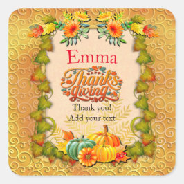 Adesivo Quadrado Folhas e abóboras do outono de Ação de Graças