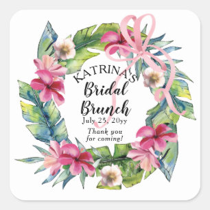 Adesivo Quadrado Folhas Tropicais   Brunch Nupcial Floral Rosa