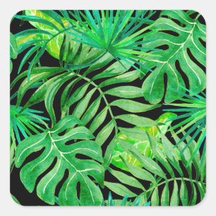 Adesivo Quadrado Folhas Tropicais De Aquarela: Elegância Sem Costur