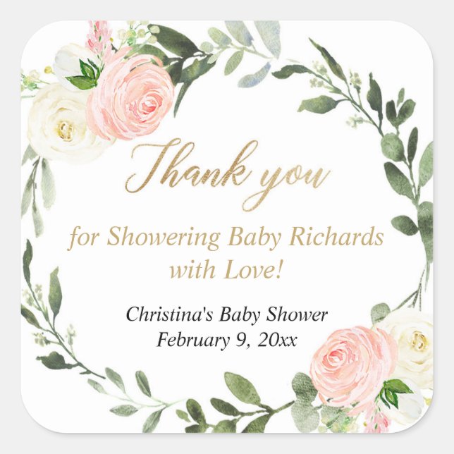 Adesivo Quadrado Folhas verdes rosa branco floral aquarela elegante (Frente)