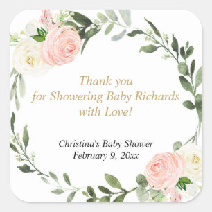 Adesivo Quadrado Folhas verdes rosa flores brancas aquarela elegant