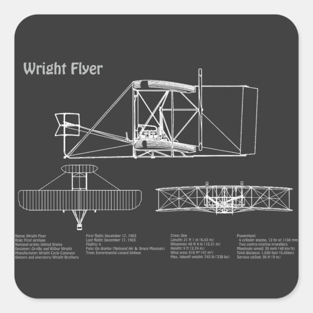 Adesivo Quadrado Folheto Wright - Planos de desenho de avião em pla (Frente)