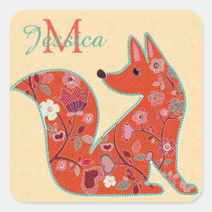 Adesivo Quadrado Folk Art Flower Pattern Fox Personalizado