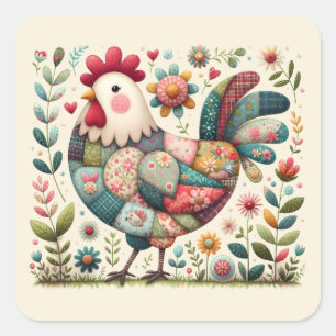 Adesivo Quadrado Folk Patchwork Rooster com Acentos Florais