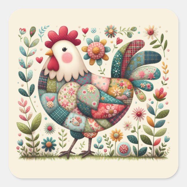 Adesivo Quadrado Folk Patchwork Rooster com Acentos Florais (Frente)