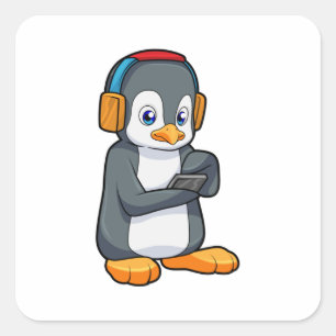 Adesivo Quadrado Fone de ouvido para música pinguim