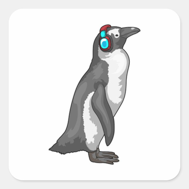 Adesivo Quadrado Fone de ouvido para música pinguim (Frente)