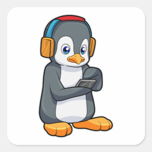 Adesivo Quadrado Fone de ouvido para música pinguim