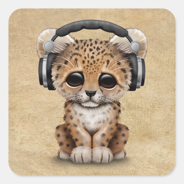 Adesivo Quadrado Fones de ouvido Vestidos Cubo Leopardo Cub Dj (Frente)