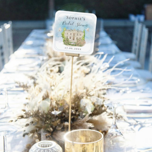 Adesivo Quadrado Fonte de local elegante Pombas flores Chuveiro de  (Criador carregado)